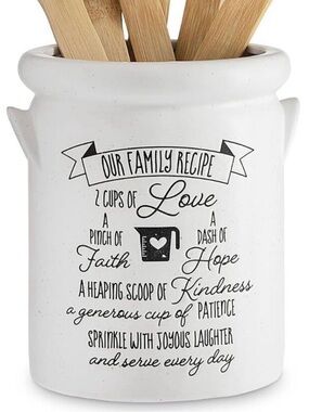 NWT “Our Family Recipe” White Speckled Ceramic Inspirational Utensils Holder